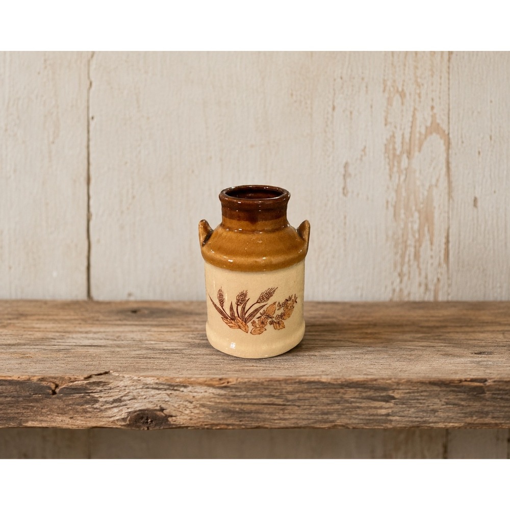 Vintage Stoneware Milk Can Crock Miniature Wheat Floral Two Tone Brown Cream